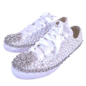 Converse Pearl Crystals White Blinged Out All Star Low Top Sneakers Shoes Size 9